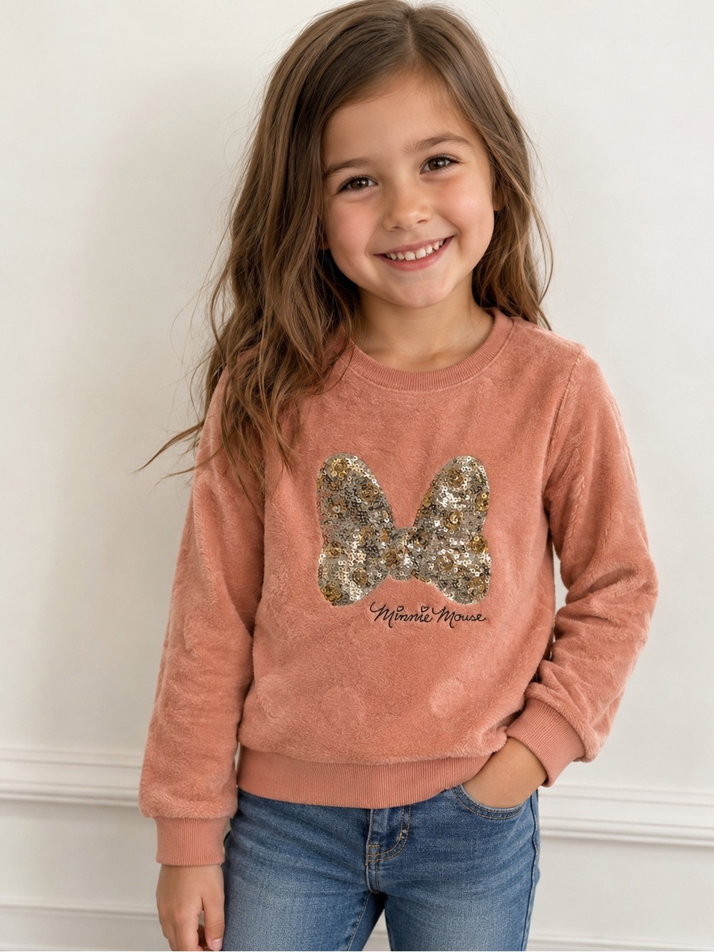 Minnie Mouse with Sequins Light Pink Plush Sweater Size 6x
